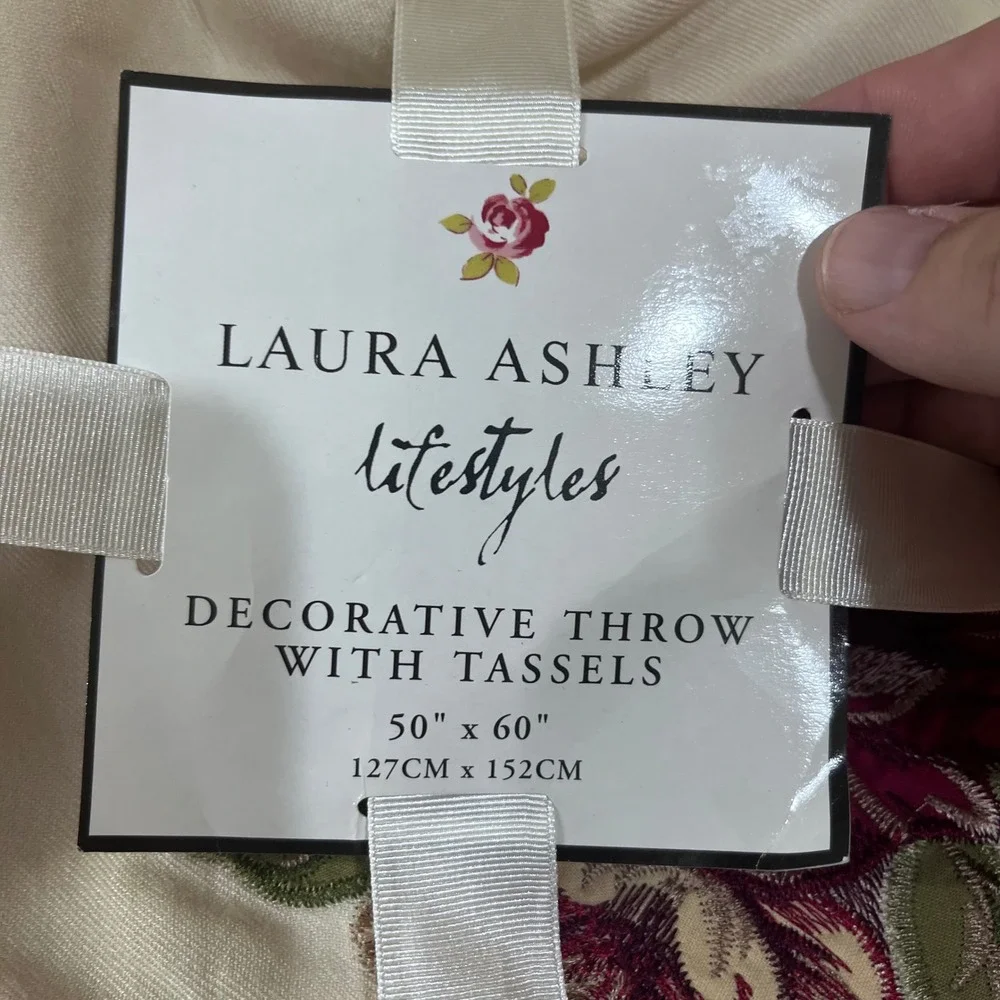 Laura Ashley Lifestyles Rose Embroidered Tassel Throw Blanket Ivory Burgundy